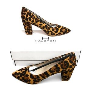 Halston Leopard Print Vegan Suede Block Heel Pumps Women's 7.5M Mobwife Party